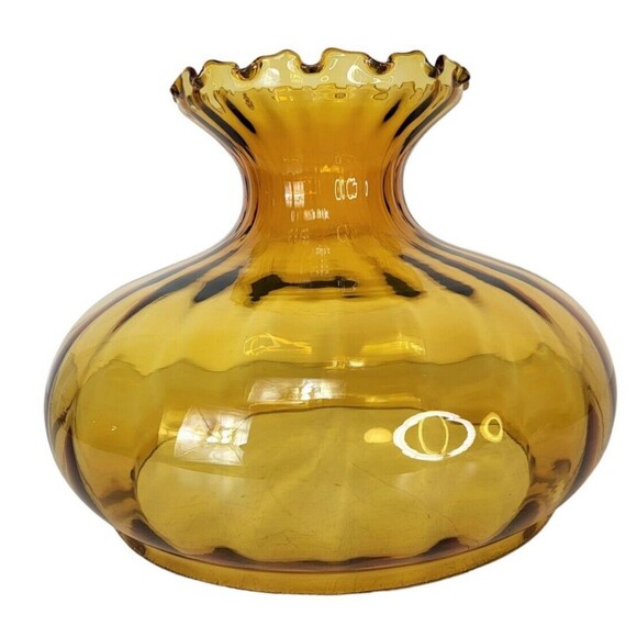 Vintage MCM Amber Ribbed Glass Empoli Ruffled Edge Hurricane Parlor Lampshade - Picture 1 of 11